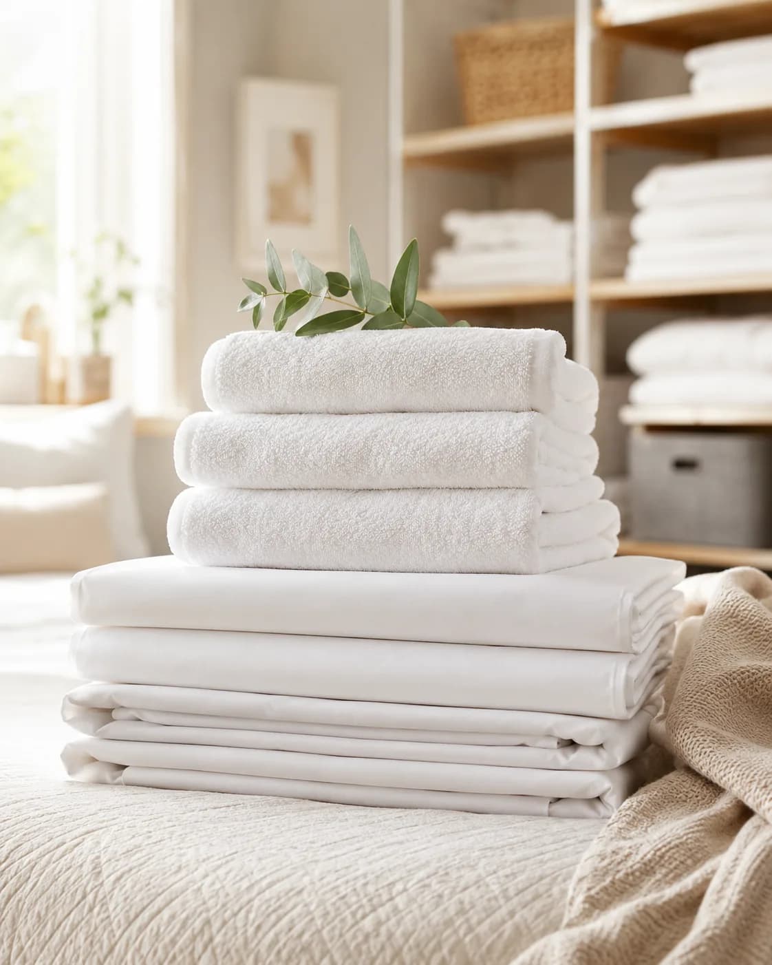 Linge de location plié, prêt pour la prochaine arrivée